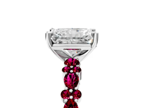 Radiant Cut Diamond Side Stone Solitaire Ring with Round Garnet and Four-Prong Setting Platinum