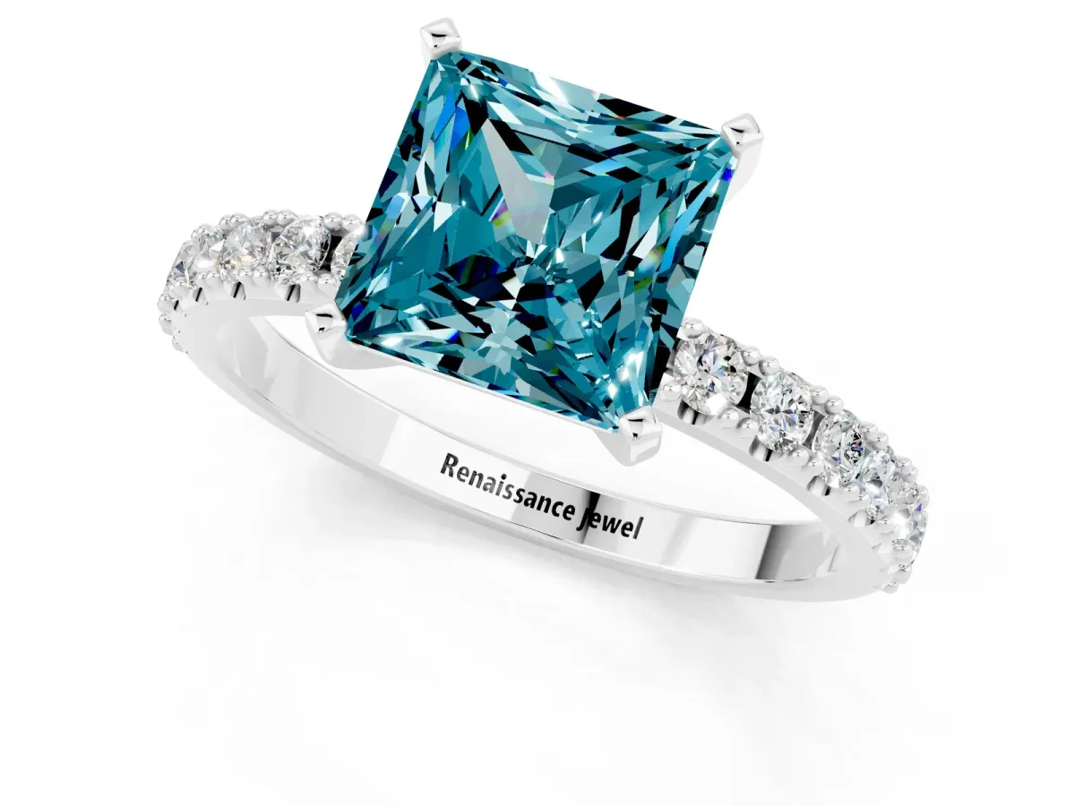 Princess Cut Blue Topaz Solitaire Pavé Band with Four-Prong Setting Silver