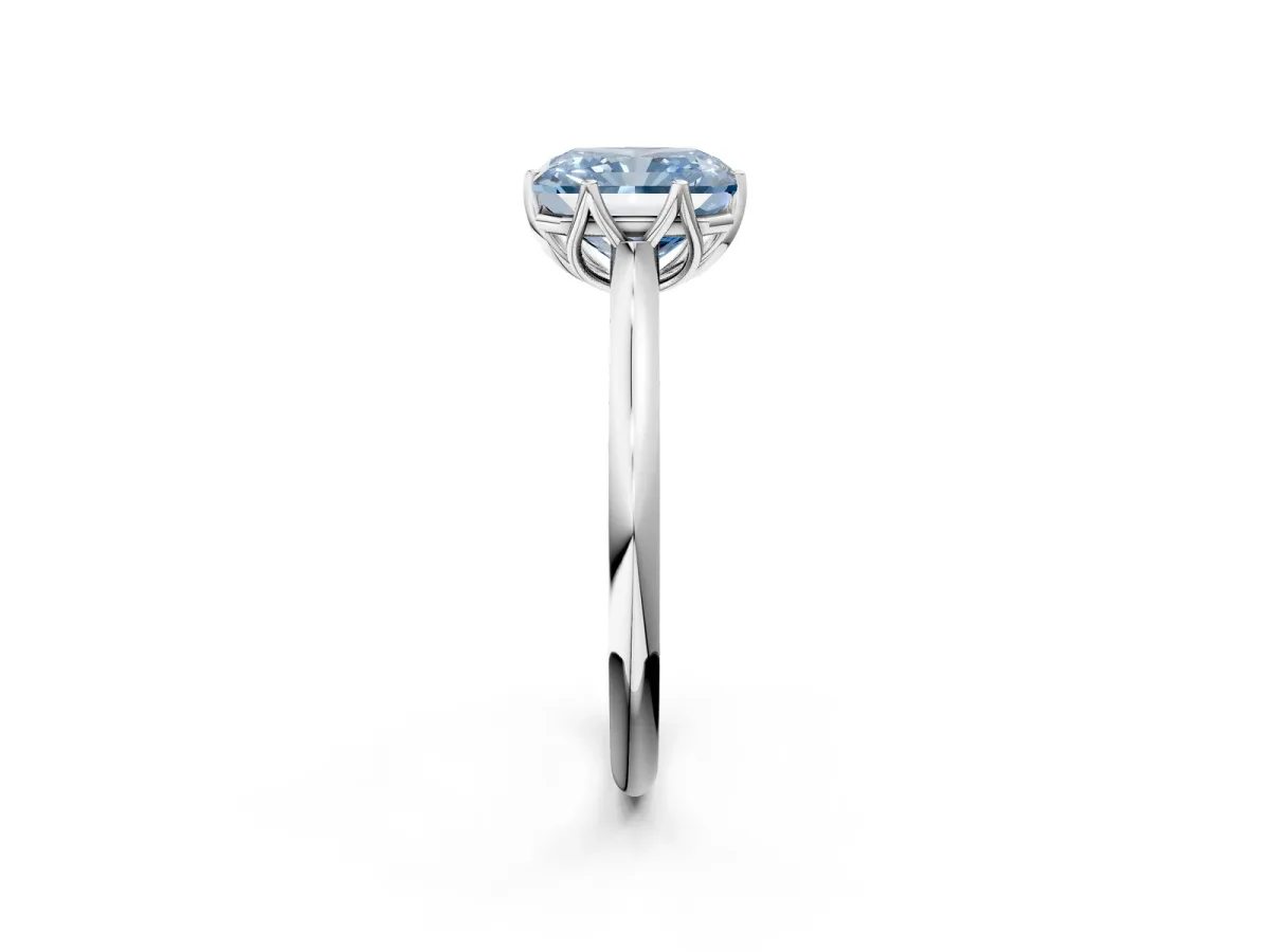 Fancy Blue Radiant Cut Solitaire Cathedral Diamond Ring with Six-Prong Setting Platinum