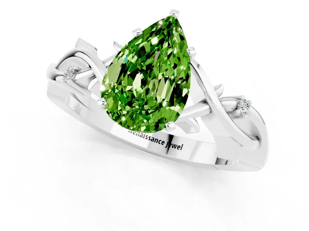 Pear Cut Peridot Solitaire Ring with Twisted Band and Prong Setting White gold
