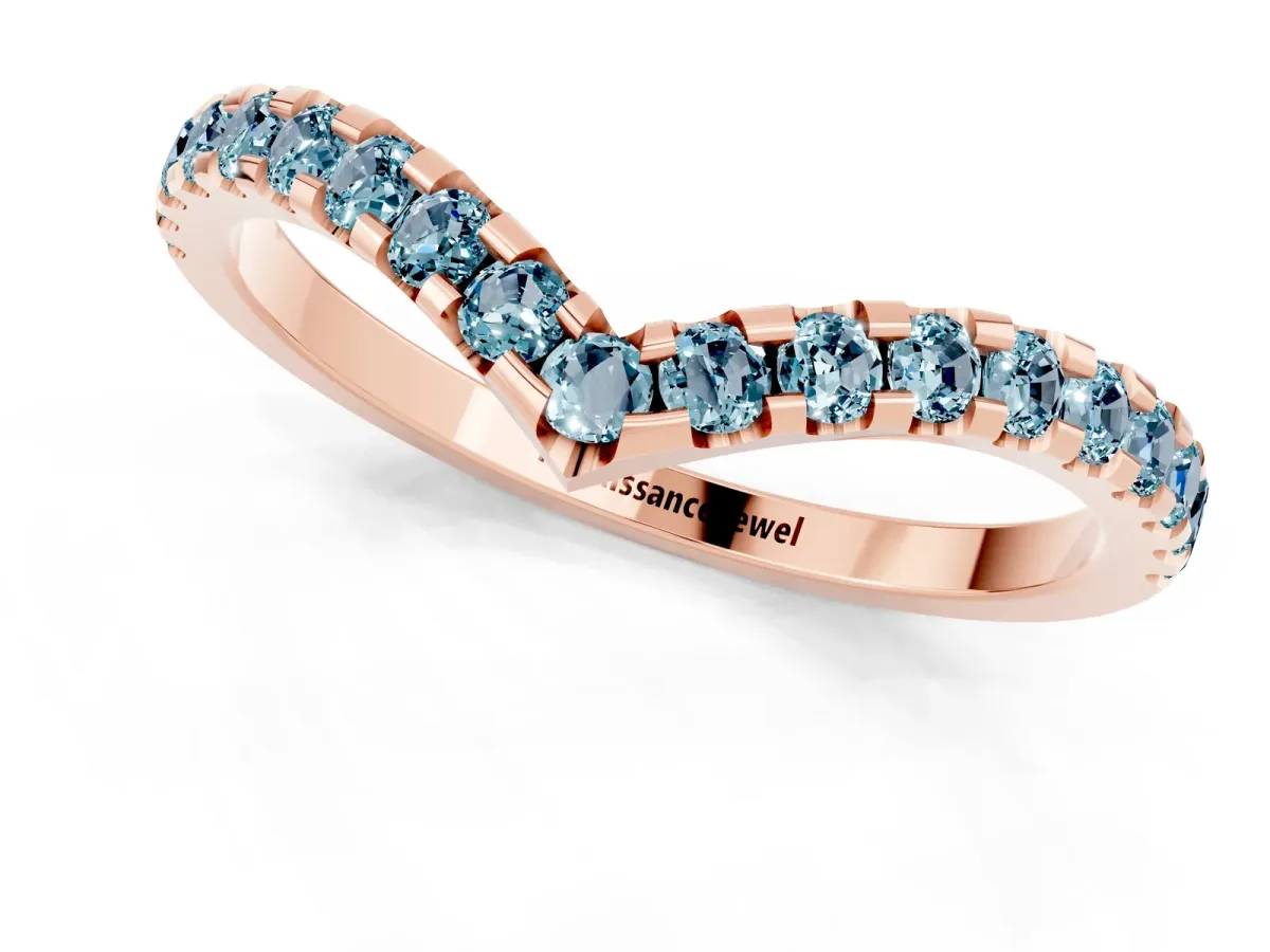 Pavé Round Aquamarine Chevron Band with Shared Prong Setting Rose gold