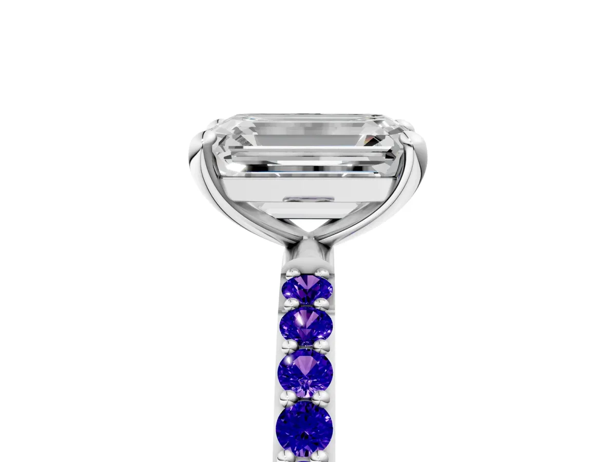 Emerald Cut Diamond Solitaire Ring with Round Tanzanite Pavé Band and Prong Setting Silver