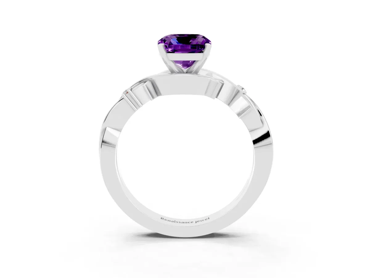 Cushion Cut Amethyst Solitaire Ring with Twisted Band and Prong Setting Silver