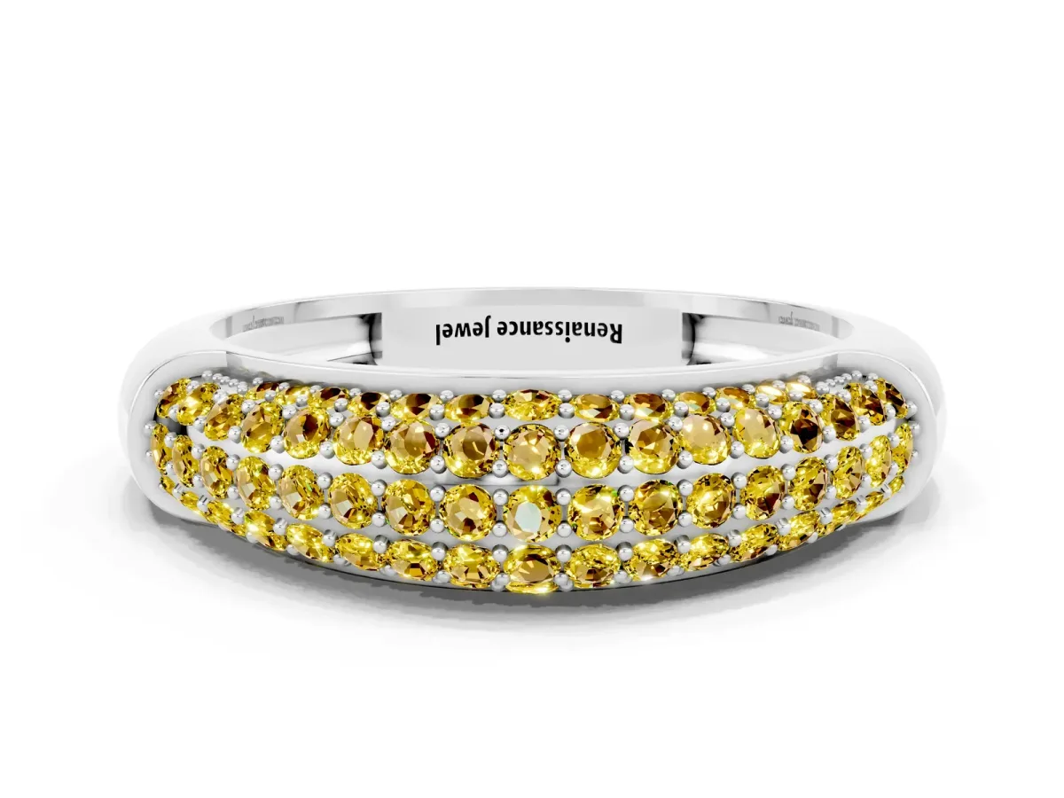 Three-Row Pavé Round Yellow Sapphire Dome Band Silver