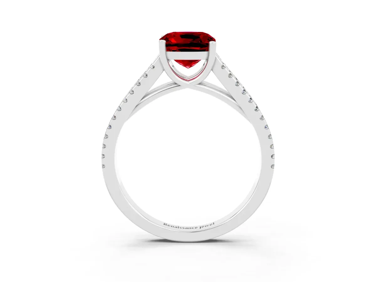Cushion Cut Ruby Solitaire Engagement Ring with Split Shank Pavé Band Silver