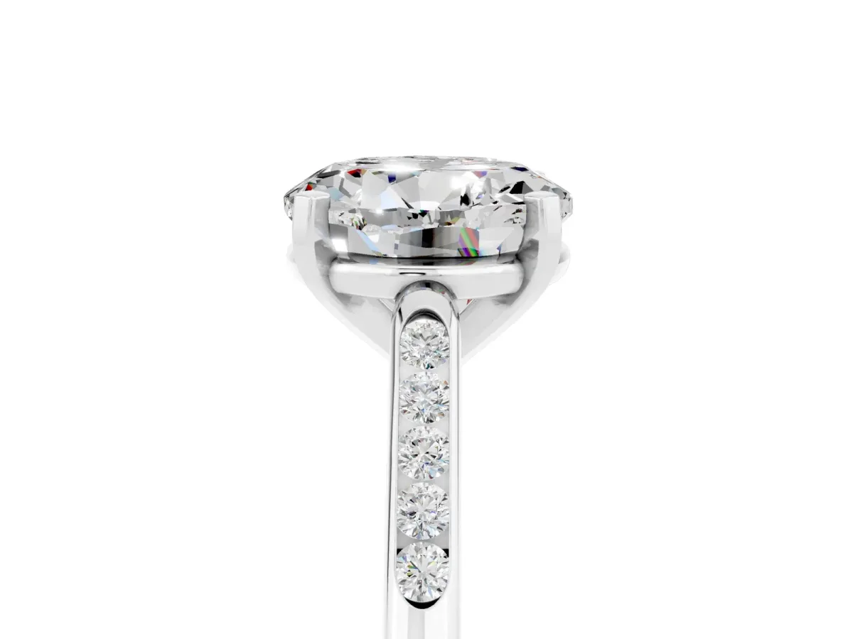 Round Cut Moissanite Solitaire Ring with Channel Set Round Band and Prong Setting Silver