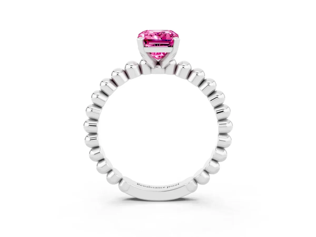 Emerald Cut Pink Sapphire Solitaire Ring with Beaded Band and Prong Setting Silver