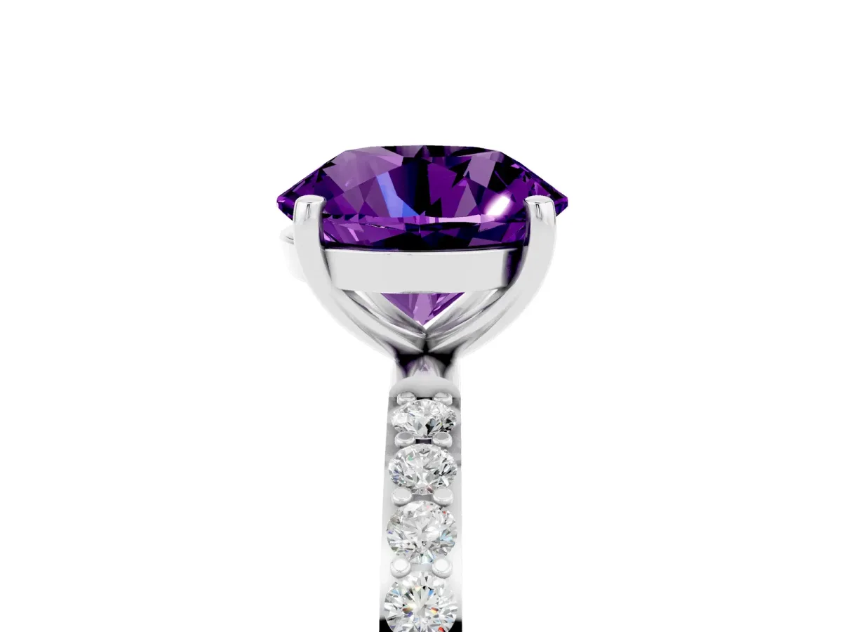 Round Cut Amethyst Solitaire Ring with Round Pavé Band and Prong Setting Silver