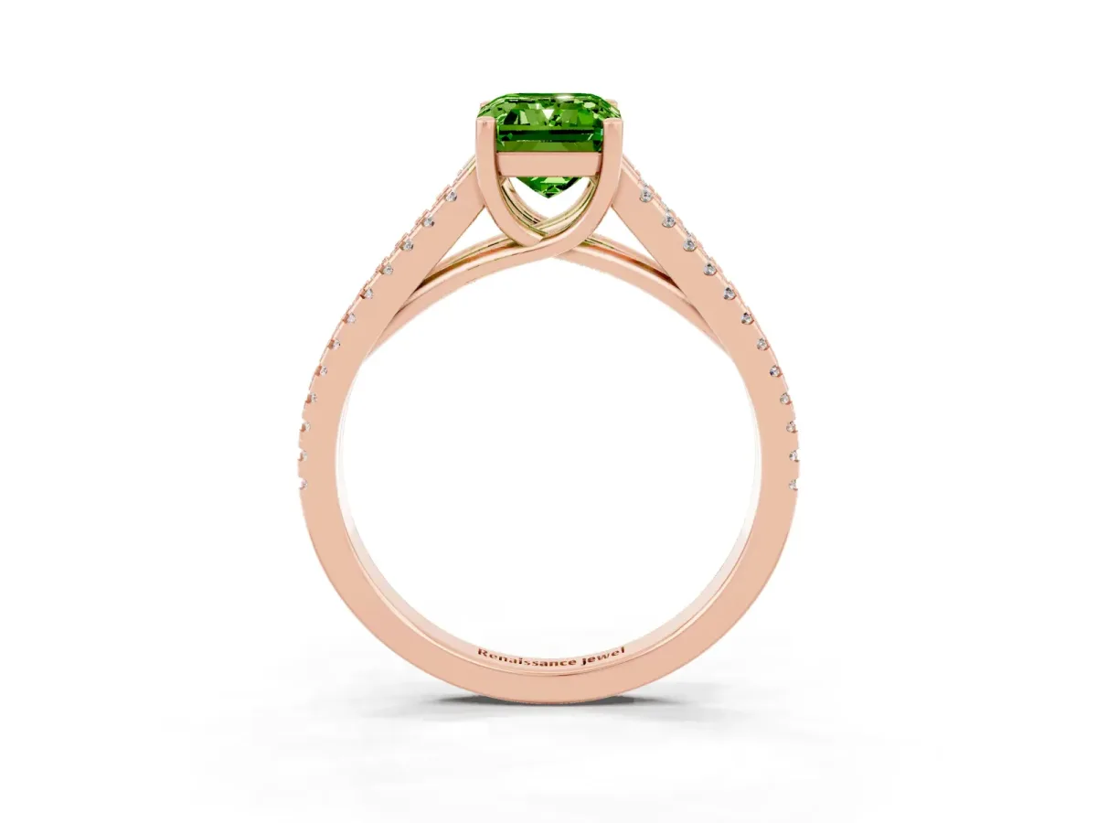 Emerald Cut Peridot Solitaire Engagement Ring with Split Shank Pavé Band Rose gold