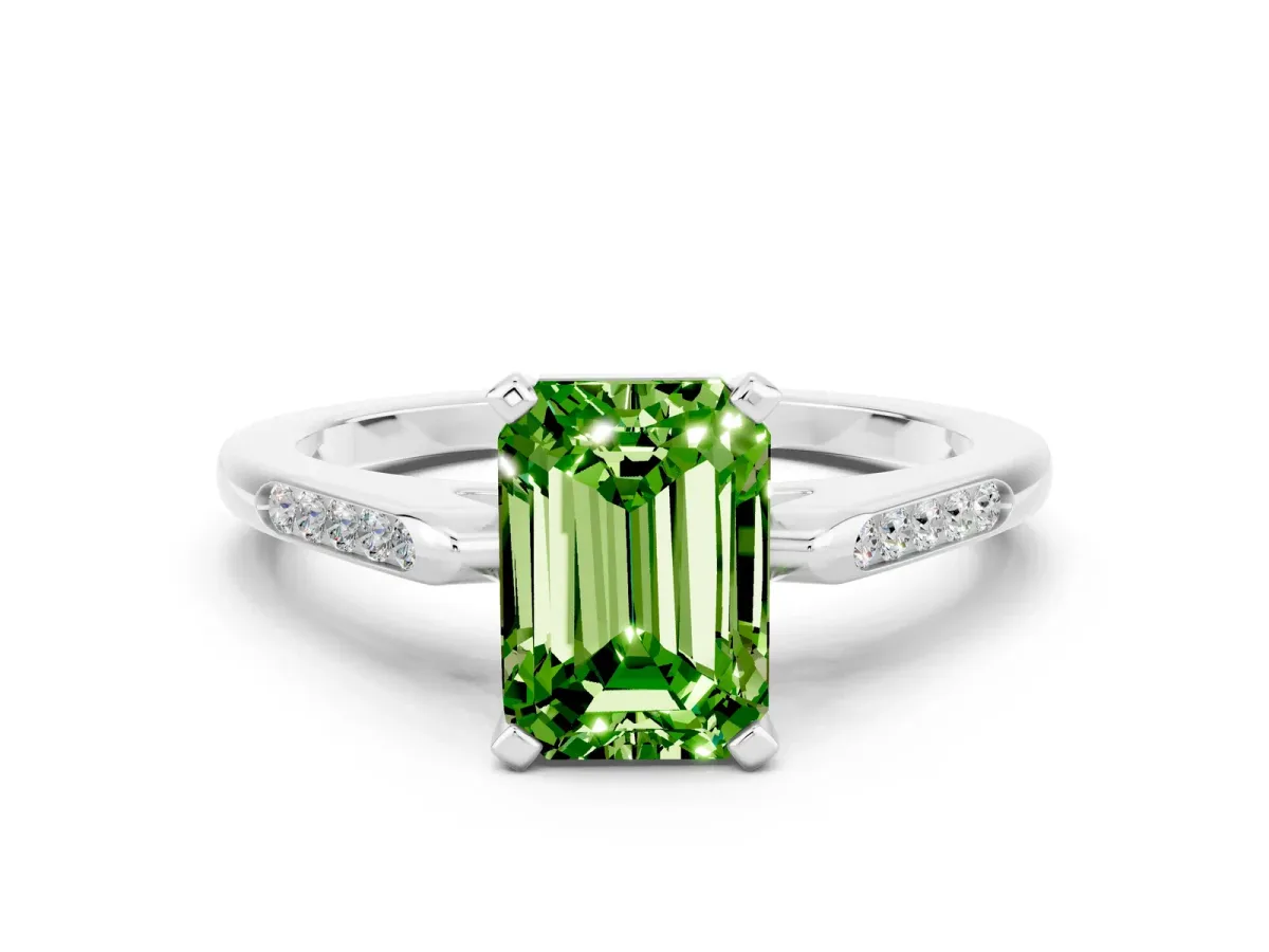 Emerald Cut Peridot Solitaire Ring with Channel Set Round Band and Prong Setting Silver