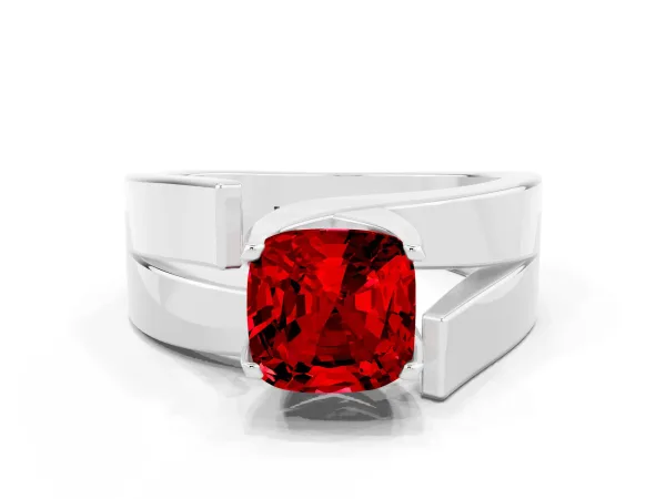 Modern Tension Set Cushion Cut Ruby Solitaire Wide Band Ring Platinum