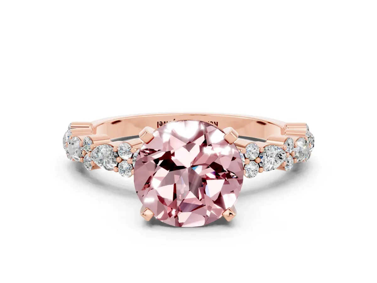 Round Cut Morganite Side Stone Solitaire Ring with Round and Four-Prong Setting Rose gold