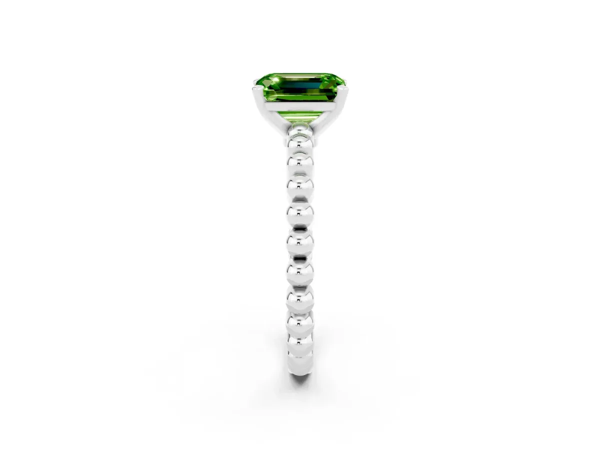 Emerald Cut Peridot Solitaire Ring with Beaded Band and Prong Setting Silver