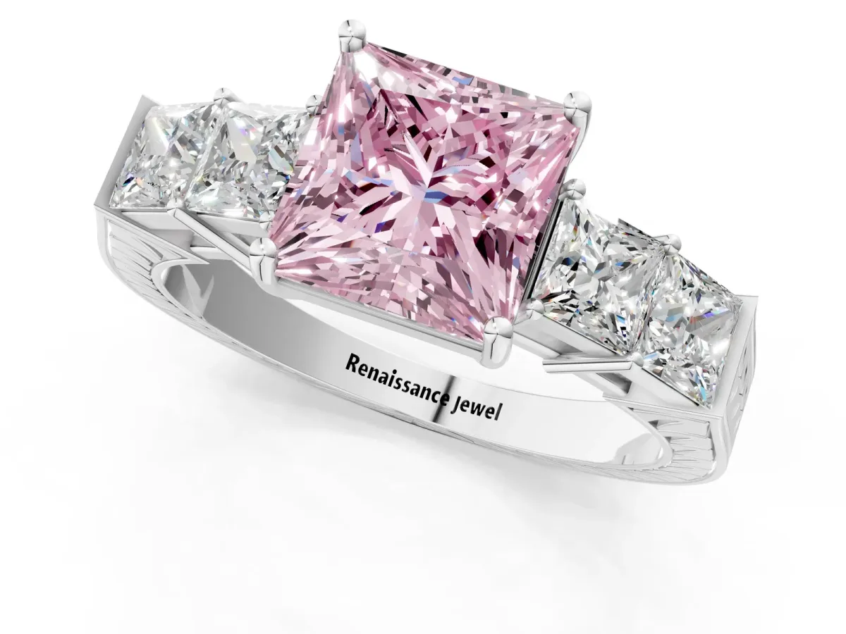Fancy Pink Princess Cut Solitaire Princess Side Stone Engraved Band Prong Setting Ring Platinum