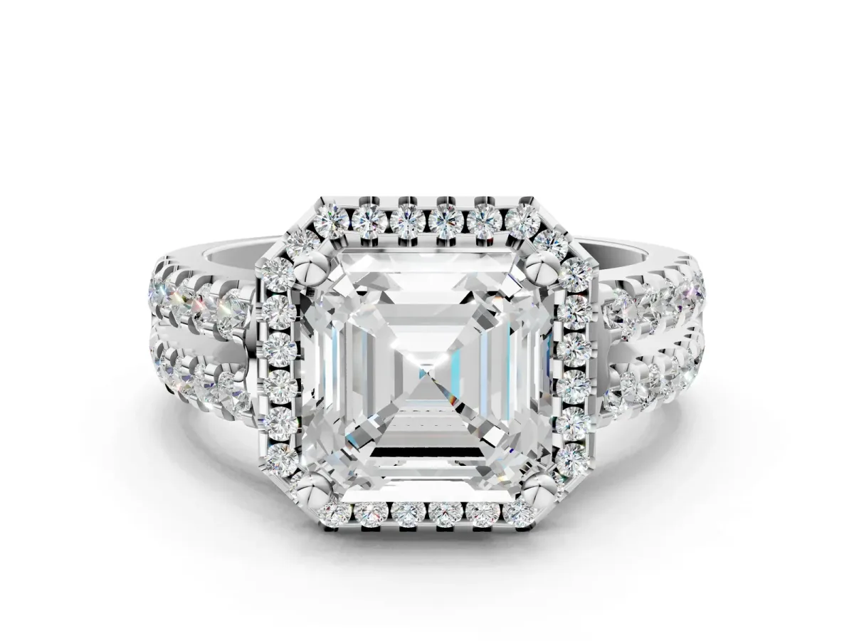 Asscher Cut Halo Diamond Split Shank Engagement Ring with Prong Setting Platinum
