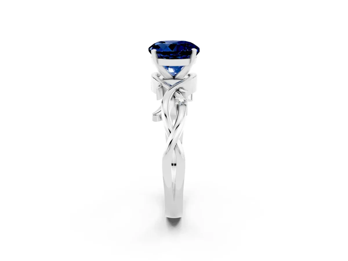 Round Cut Blue Sapphire Solitaire Ring with Twisted Band and Prong Setting Silver