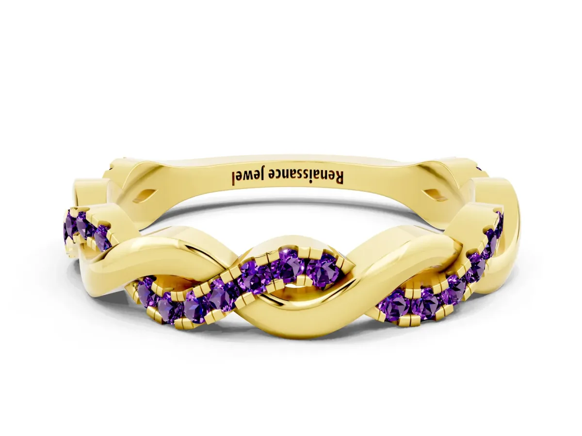 Pavé Round Amethyst Twist Eternity Band with Shared Prong Setting Yellow gold