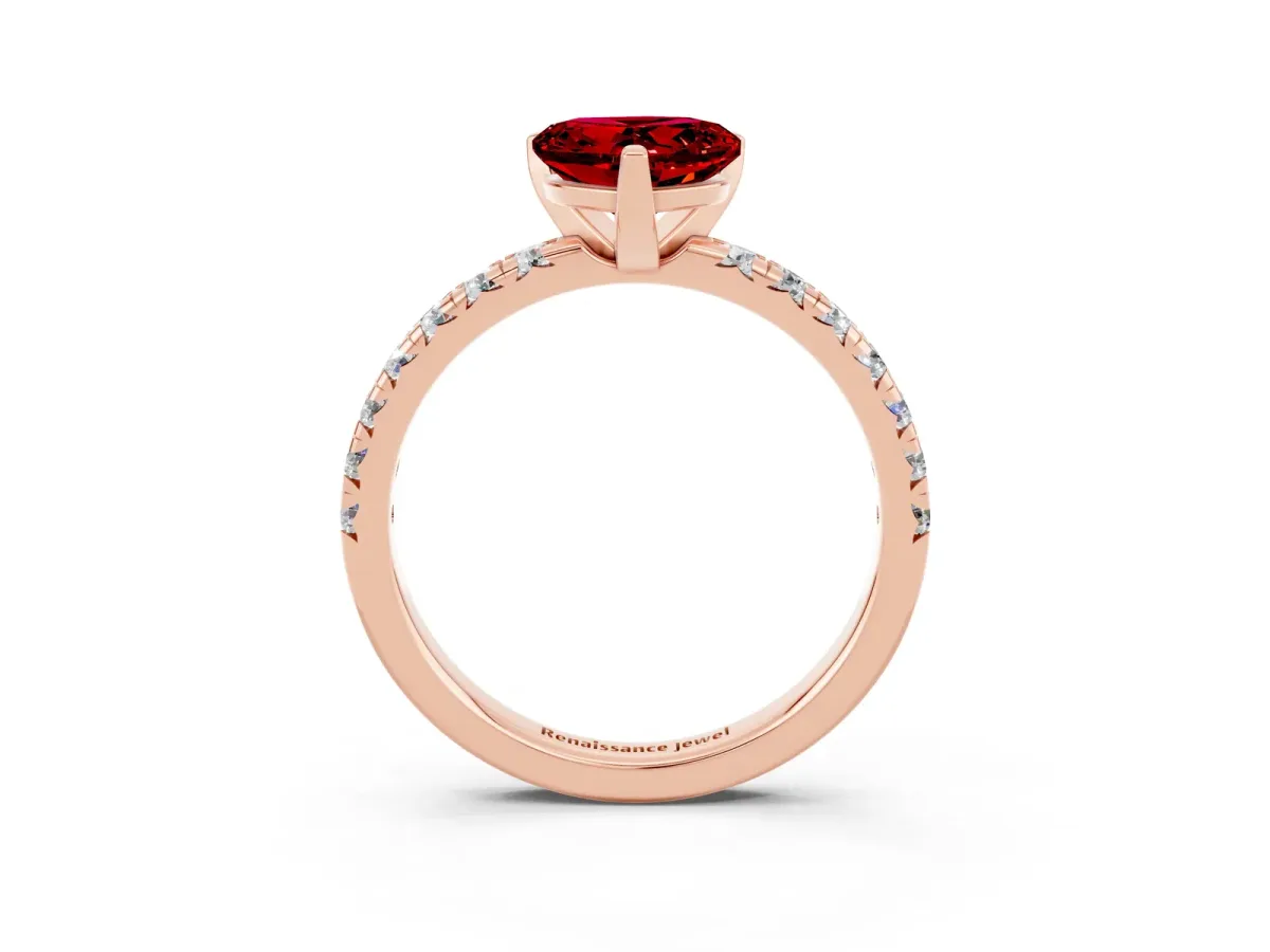 Heart Cut Ruby Solitaire Pavé Engagement Ring with Round Band and Prong Setting Rose gold