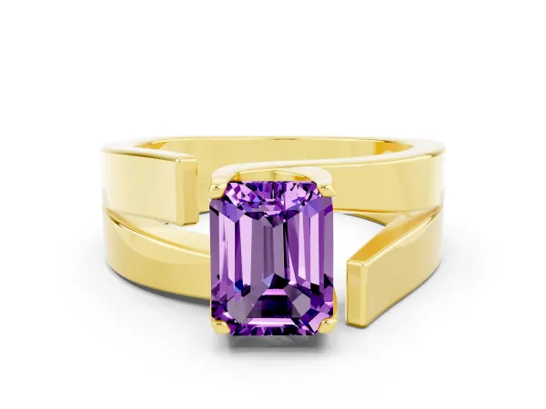 Modern Tension Set Emerald Cut Amethyst Solitaire Wide Band Ring Yellow gold