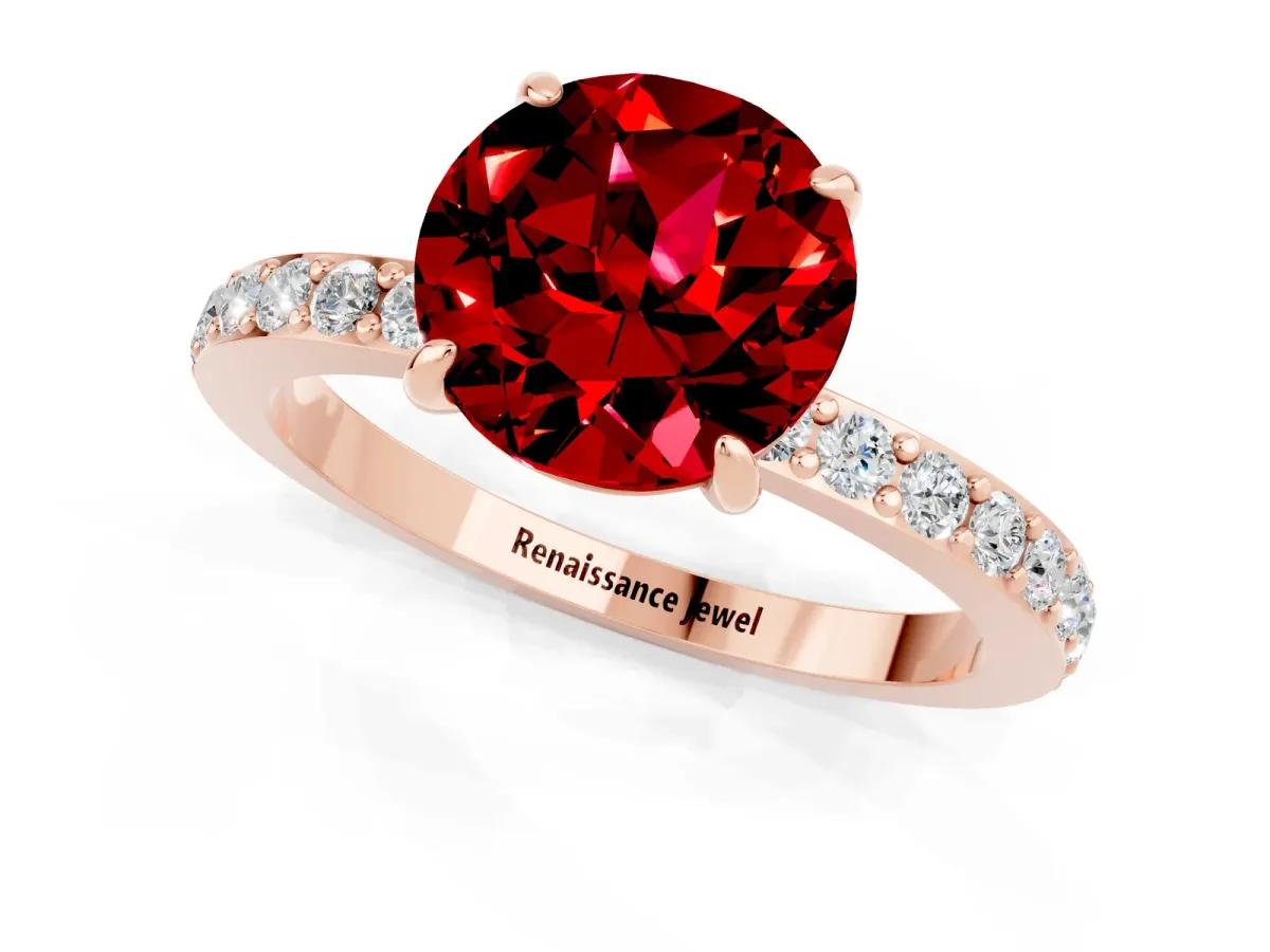 Round Cut Ruby Solitaire Engagement Ring with Pavé Band and Four-Prong Setting Rose gold