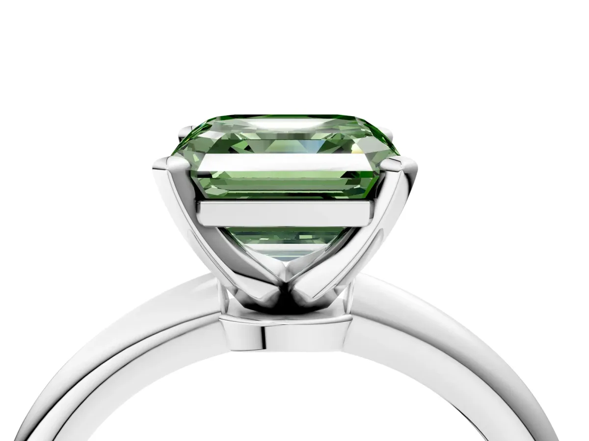 Fancy Green Asscher Cut Diamond Solitaire Ring with Six-Prong Setting and Classic Band Silver