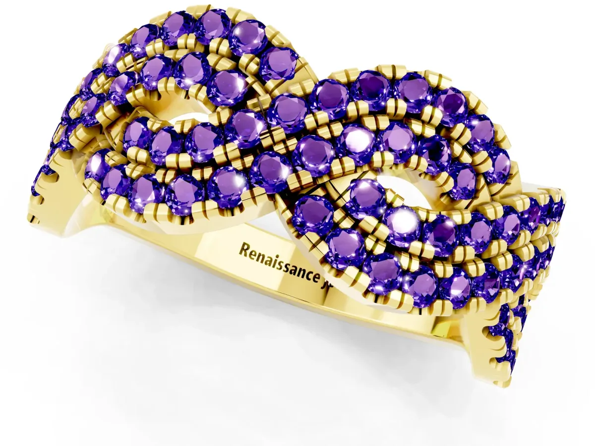 Pavé Round Tanzanite Infinity Twist Band with Shared Prong Setting Yellow gold