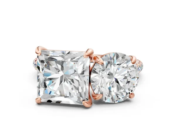 Round and Princess Toi Moi Ring with Prong Setting and Pave Band Rose gold