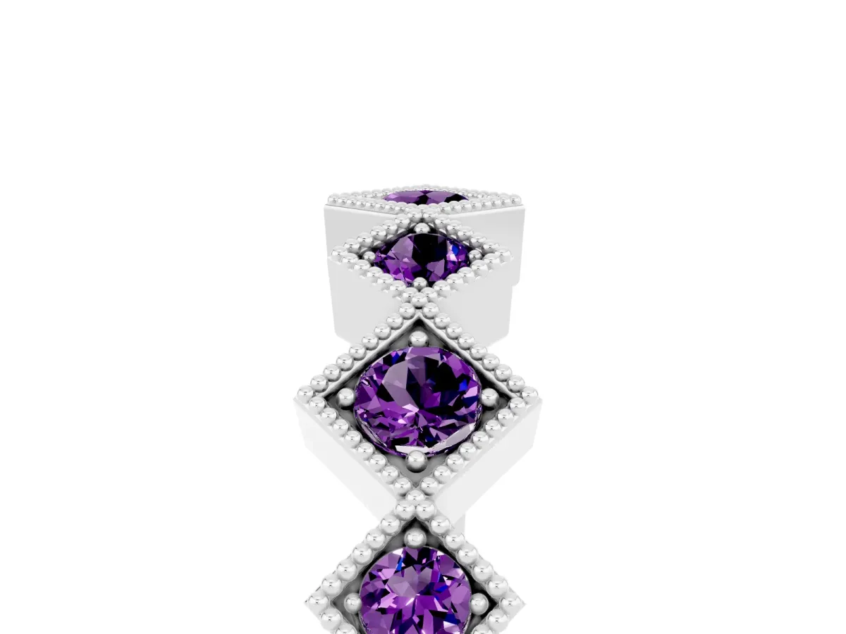 Milgrain Square Bezel Round Amethyst Chevron Band Platinum