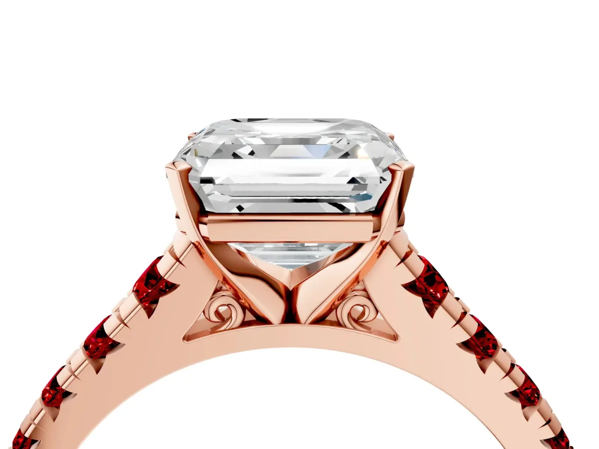 Asscher Cut Diamond Cathedral Solitaire Ring with Round Ruby Pavé Band Rose gold