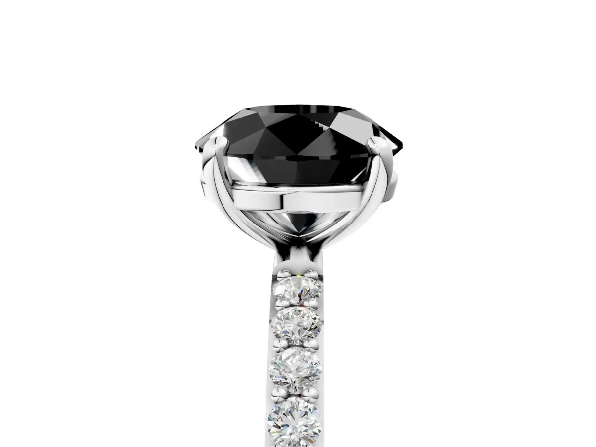 Fancy Black Round Cut Diamond Solitaire Ring with Round Pavé Band and Prong Setting Silver
