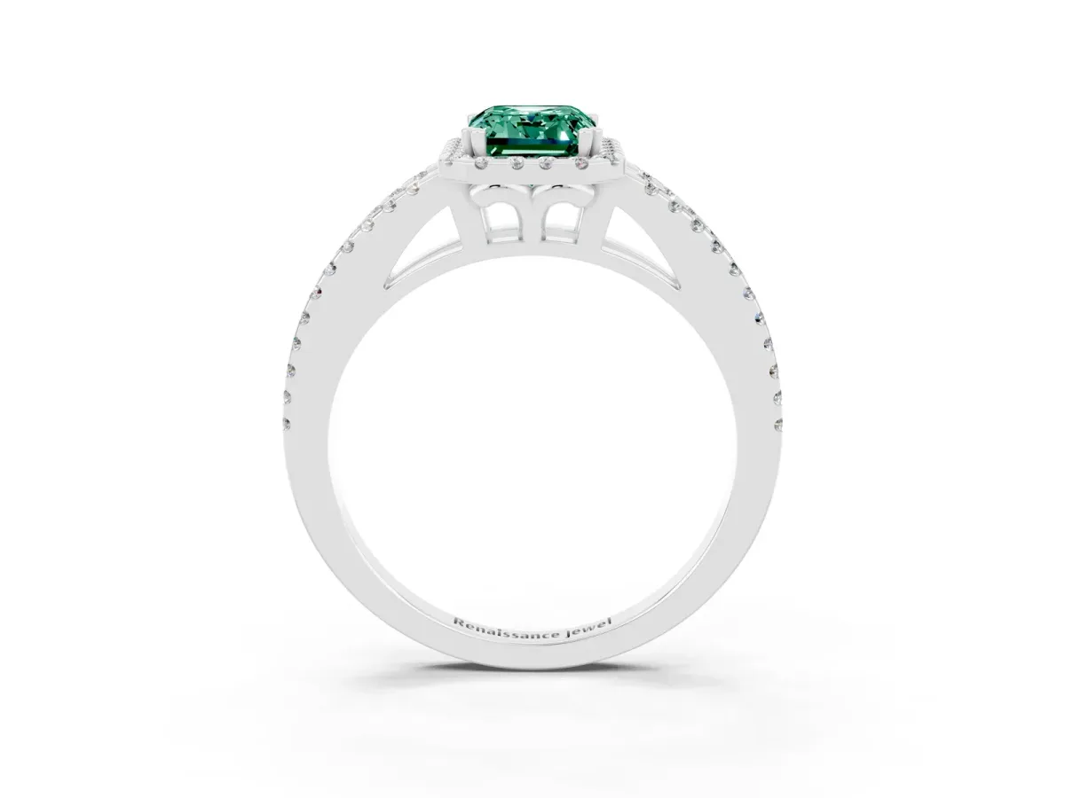 Emerald Cut Green Sapphire Halo Split Shank Engagement Ring Platinum