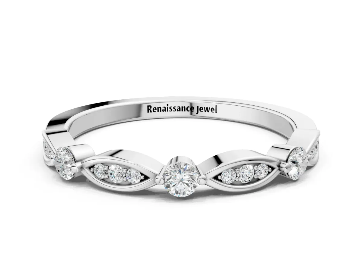 Marquise and Round Diamond Milgrain Band with Bezel Setting White gold