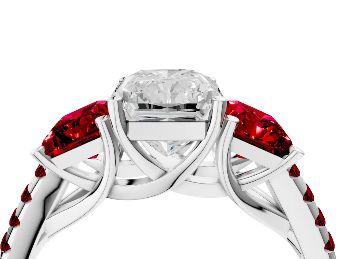 Three-Stone Radiant Cut Diamond Ring with Round Ruby Pavé Band and Prong Setting Silver