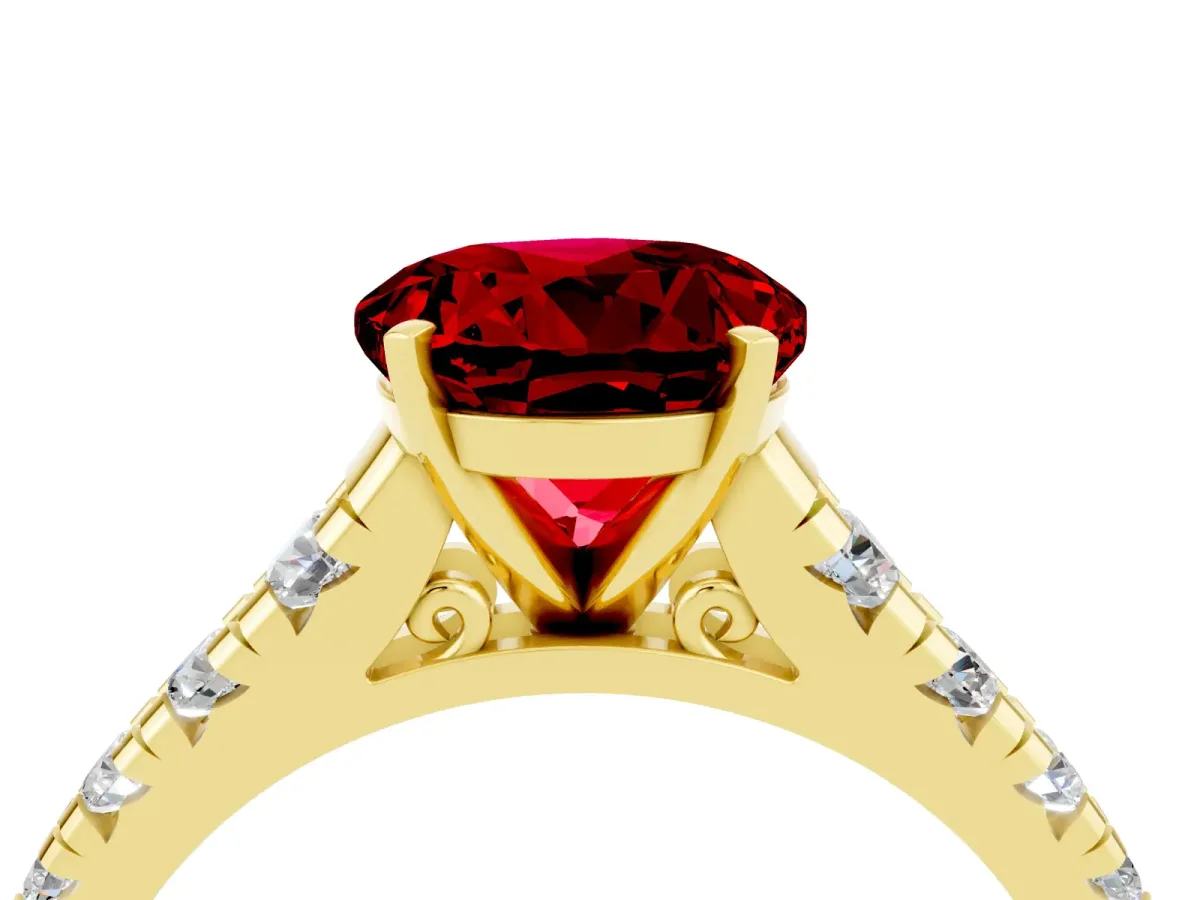 Round Cut Ruby Cathedral Solitaire Ring with Round Pavé Band Yellow gold