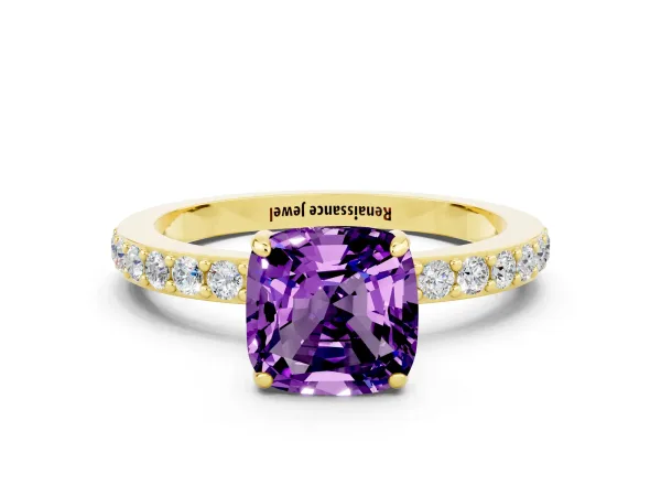 Cushion Cut Amethyst Solitaire Engagement Ring with Pavé Band and Four-Prong Setting Yellow gold