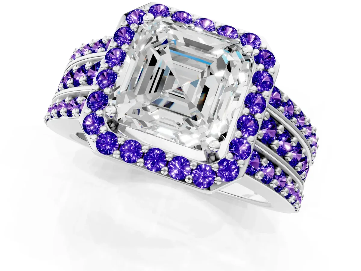 Asscher Cut Halo Diamond Ring with Round Tanzanite Split Shank and Prong Setting Platinum