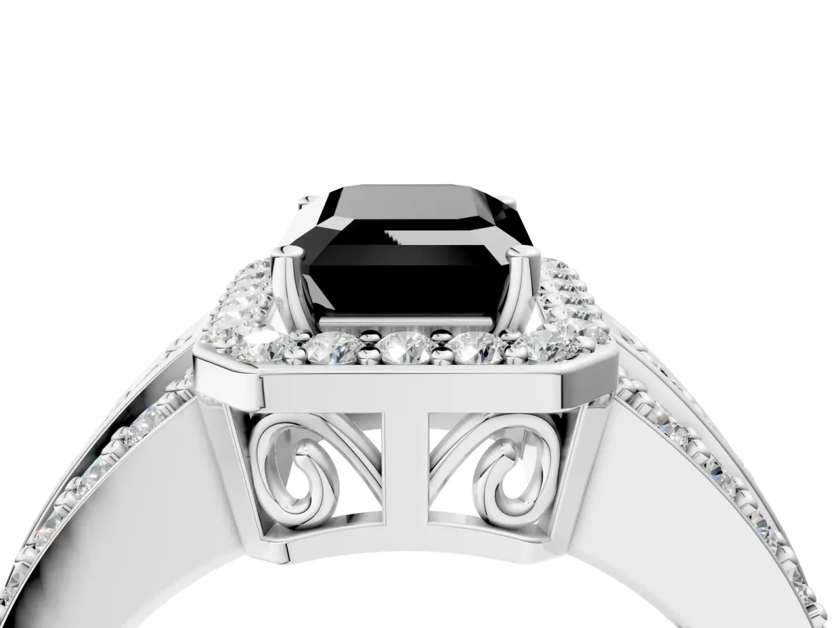Fancy Black Emerald Cut Halo Diamond Ring with Round Split Shank and Prong Setting Platinum