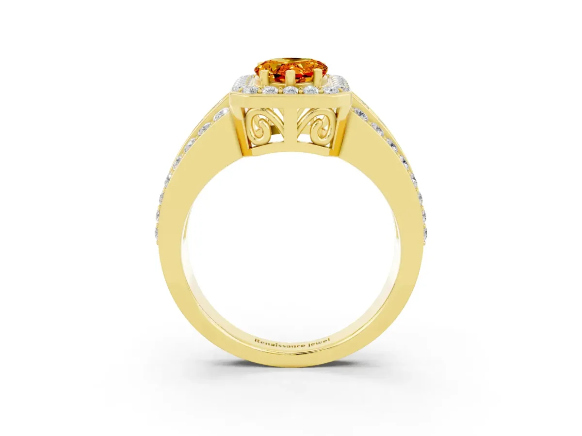 Pear Cut Halo Citrine Ring with Round Split Shank and Prong Setting Yellow gold