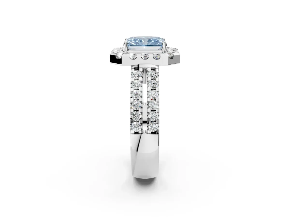 Fancy Blue Radiant Cut Halo Diamond Split Shank Engagement Ring with Prong Setting Platinum