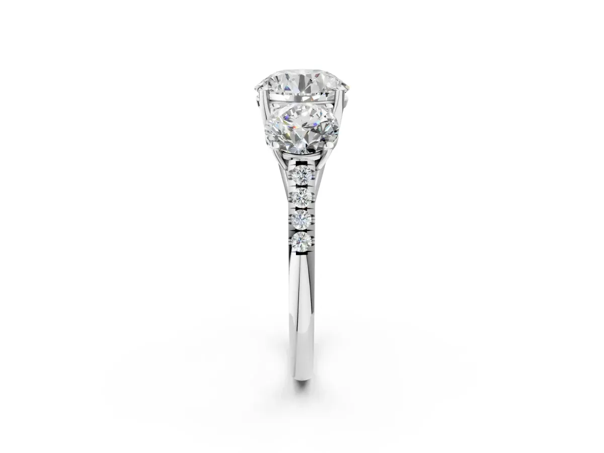Three-Stone Round Cut Diamond Ring with Round Moissanite Pavé Band and Prong Setting Silver