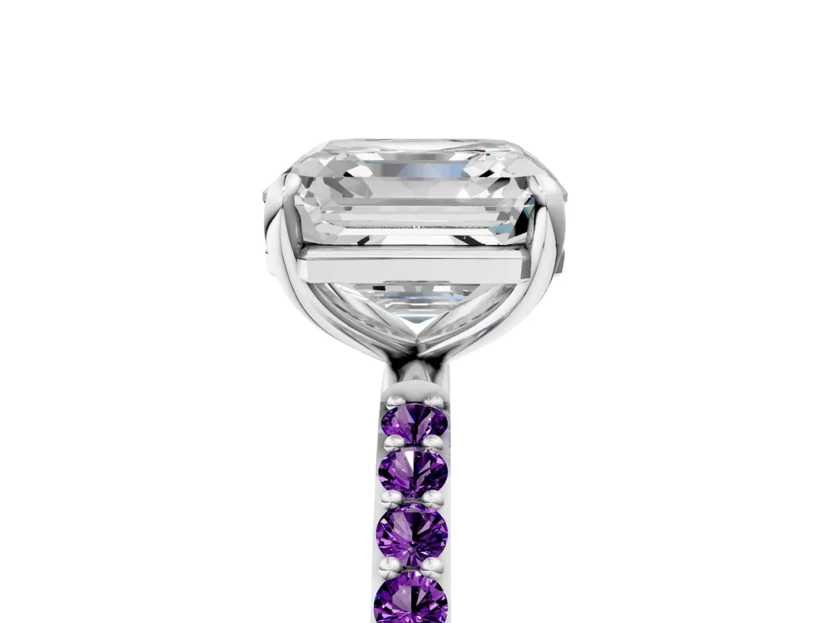 Asscher Cut Diamond Solitaire Ring with Round Amethyst Pavé Band and Prong Setting Silver