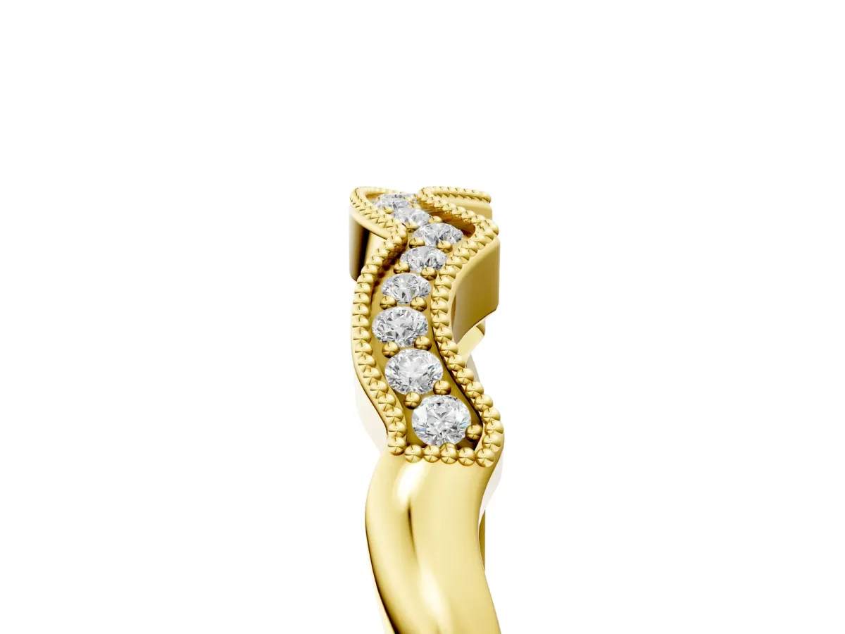 Milgrain Pavé Round Diamond Curved Band Yellow gold