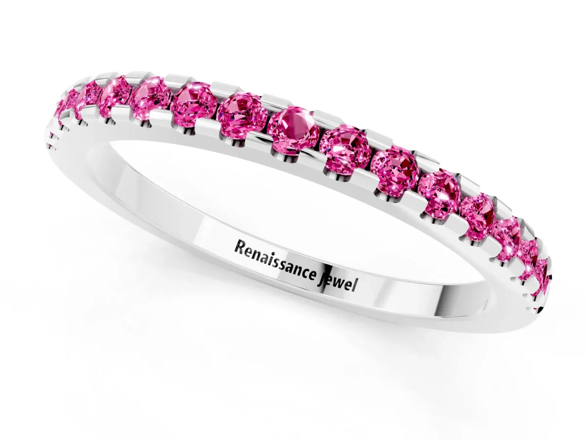 Round Pink Sapphire Pavé Set Eternity Band with Micro Prong Setting Silver