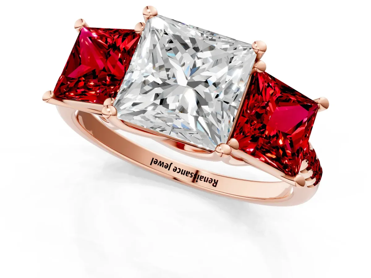 Three-Stone Princess Cut Diamond Ring with Round Ruby Pavé Band and Prong Setting Rose gold