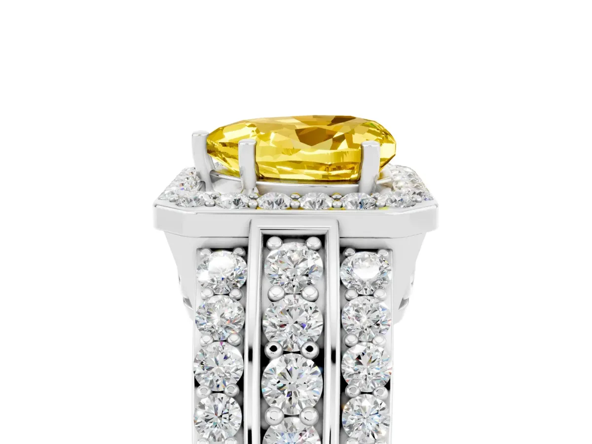 Heart Cut Halo Yellow Sapphire Ring with Round Split Shank and Prong Setting Silver