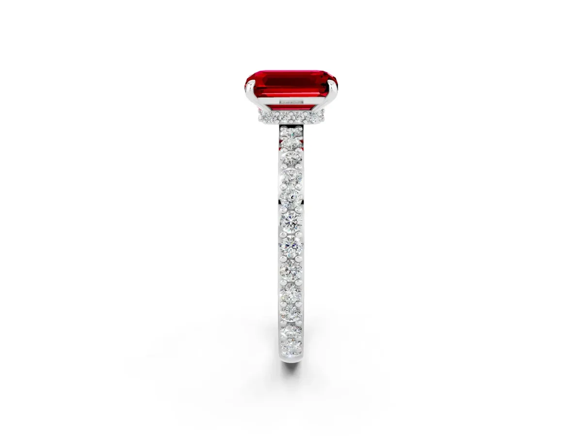 Emerald Cut Ruby Solitaire Engagement Ring with Pavé Band and Four-Prong Setting White gold