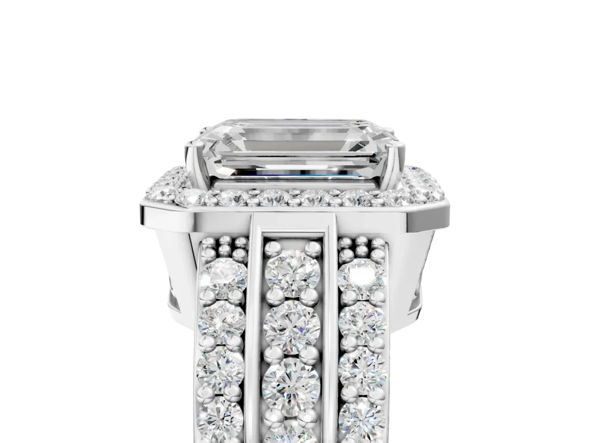 Emerald Cut Halo Diamond Ring with Round Moissanite Split Shank and Prong Setting Silver