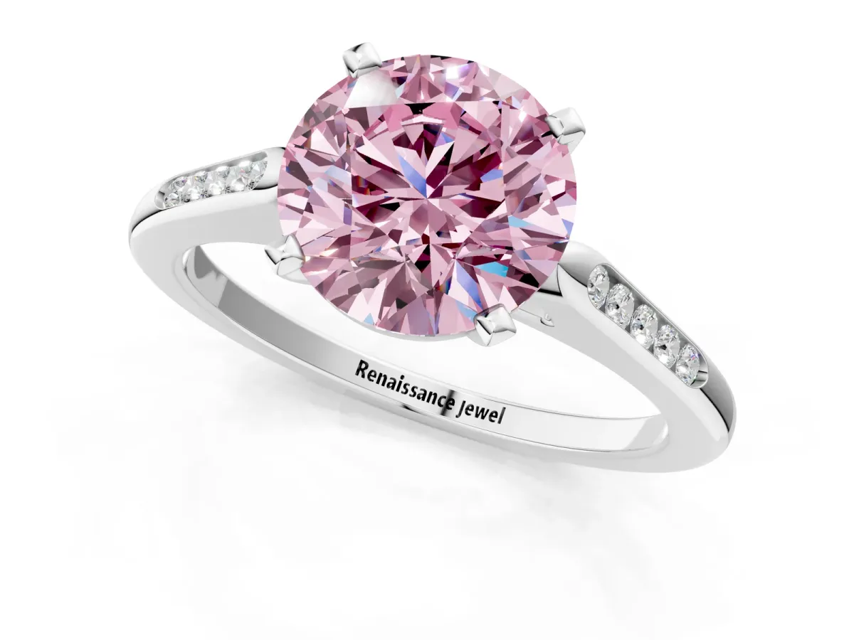 Fancy Pink Round Cut Diamond Solitaire Ring with Channel Set Round Band and Prong Setting Silver