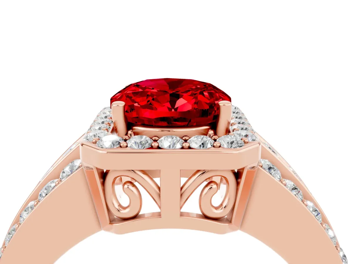 Oval Cut Halo Ruby Ring with Round Split Shank and Prong Setting Rose gold