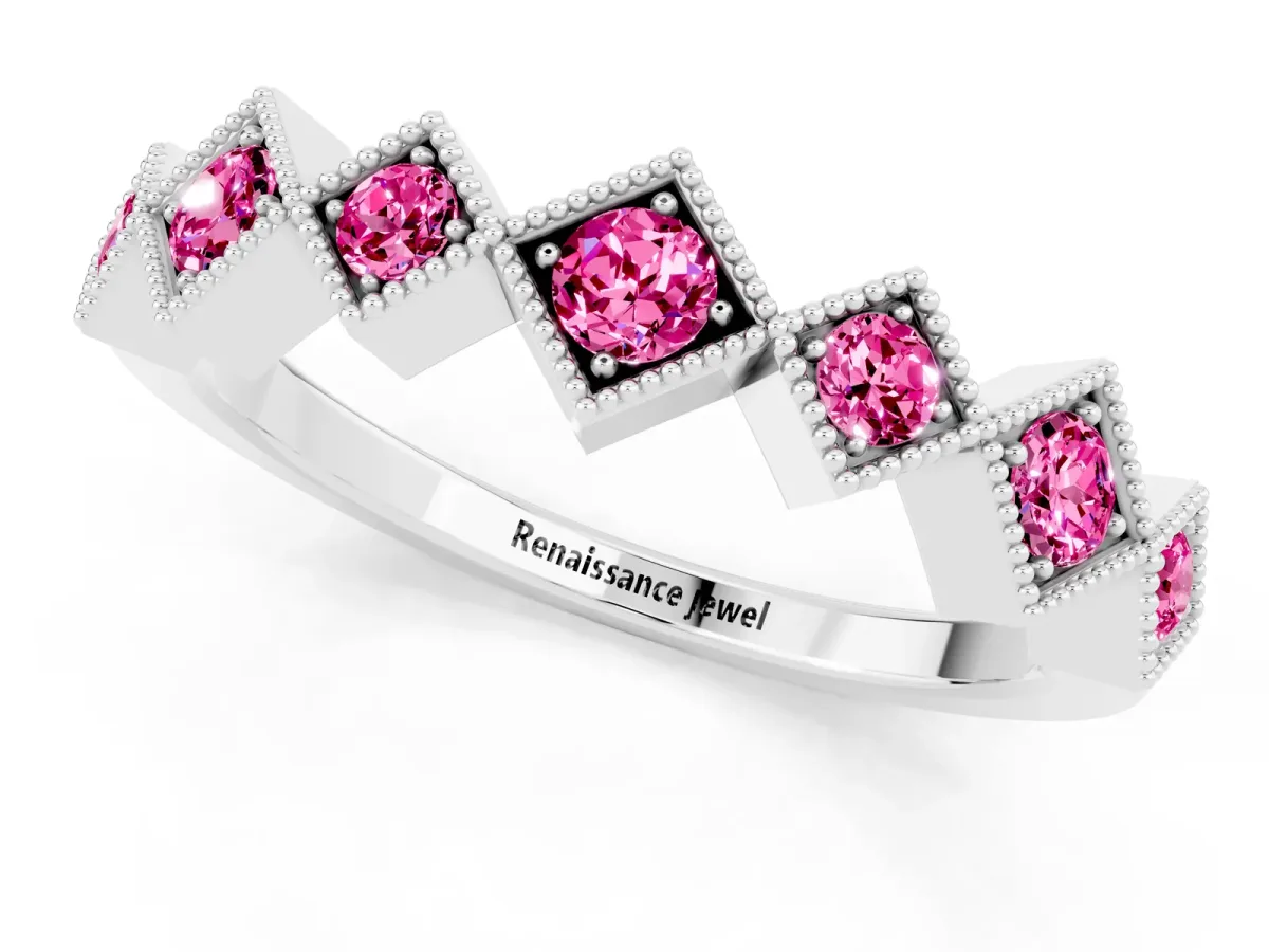 Milgrain Square Bezel Round Pink Sapphire Chevron Band Platinum